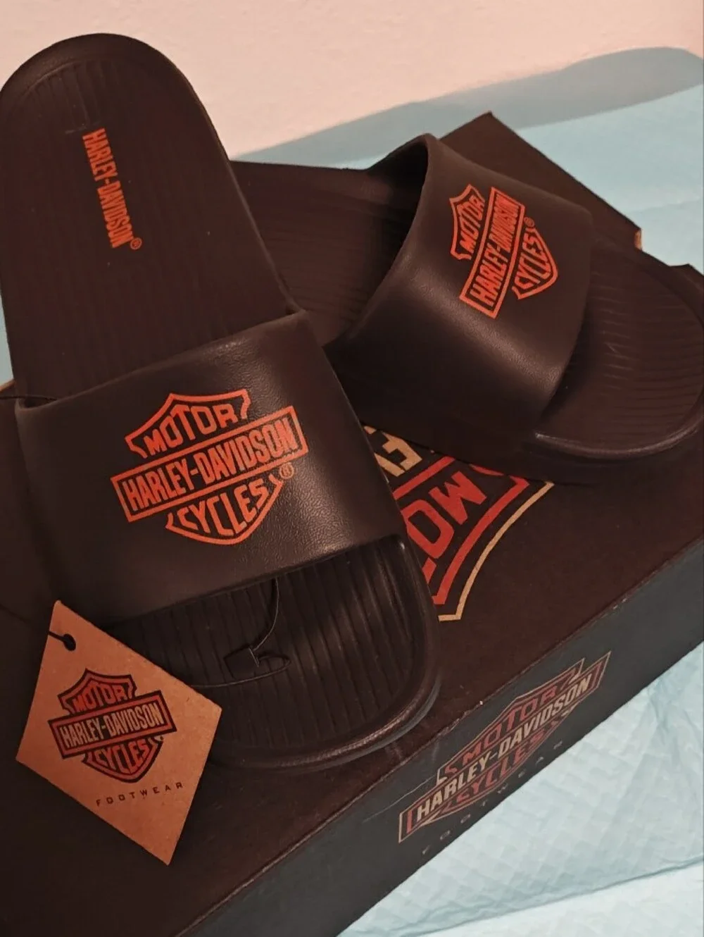 Harley-Davidson Black with Orange Logo Slide Sandals